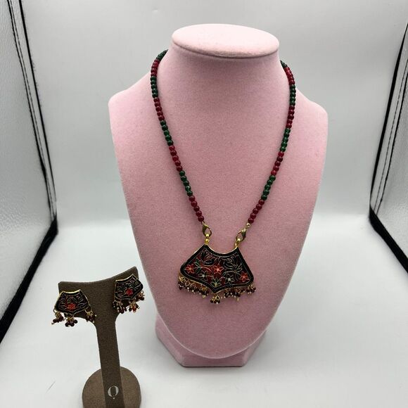 tribal Indian mangalsustra red and black bird design Necklace and earrings set - Picture 1 of 11